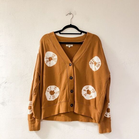 Madewell Cotton Cardigan Sweatshirt in Tie-Dye Dot Warm Hickory Small - Picture 2 of 8